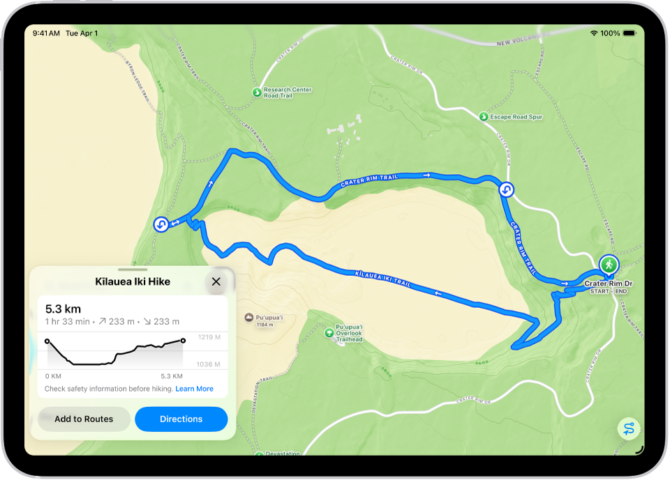 Eine Übersicht einer ladbaren Wanderung mit Distanz, Höhenprofil, geschätzter Dauer und Optionen zum Sichern oder Erhalten einer Wegbeschreibung zum Startpunkt der Wanderung.