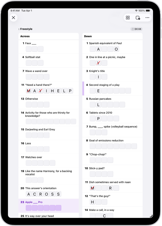 Ein teilweise ausgefülltes Kreuzworträtsel in der Listendarstellung.