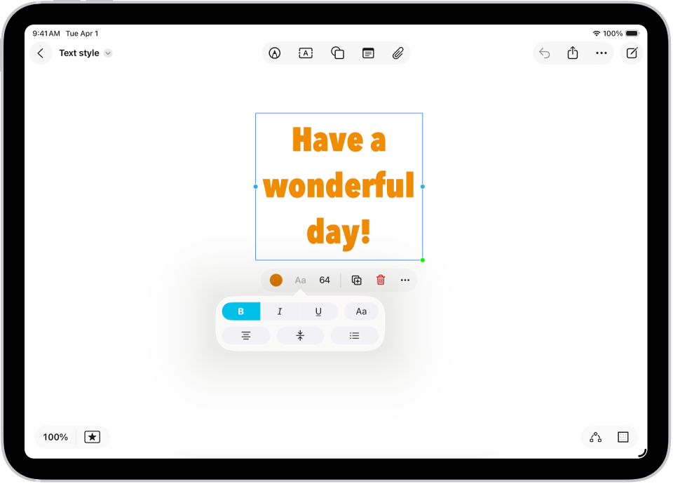 Ein Freeform-Board mit einem ausgewählten Textfeld und den Werkzeugen für die Textformatierung darunter.