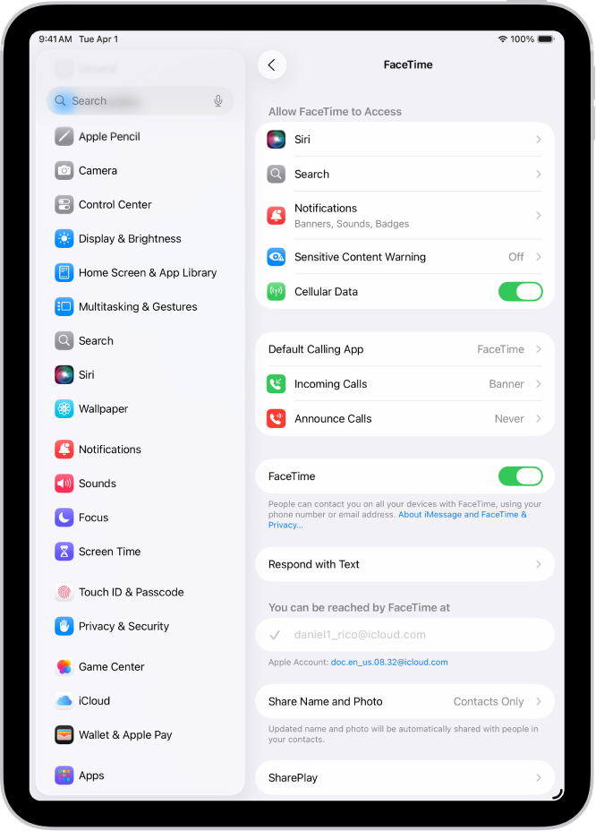 Der Bildschirm „Einstellungen“ in FaceTime mit der Steuerung zum Aktivieren und Deaktivieren von FaceTime und dem Apple Account, der für FaceTime verwendet wird.