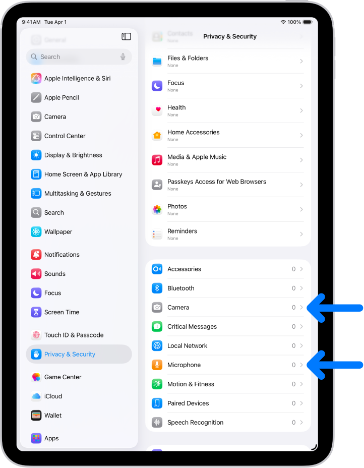 Der Bildschirm „Datenschutz & Sicherheit“ mit Einstellungen zum Steuern der Apps, die die Kamera, das Mikrofon und andere Komponenten deines iPad verwenden dürfen.