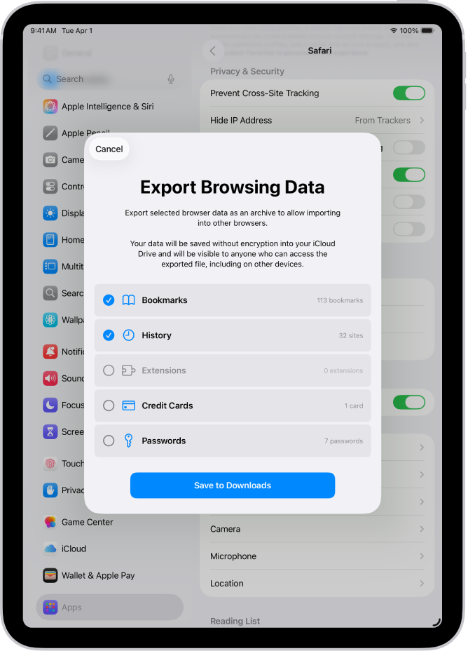Der Bildschirm „Browsingdaten exportieren“ mit den Daten, die du von Safari in einen anderen Browser exportieren kannst.