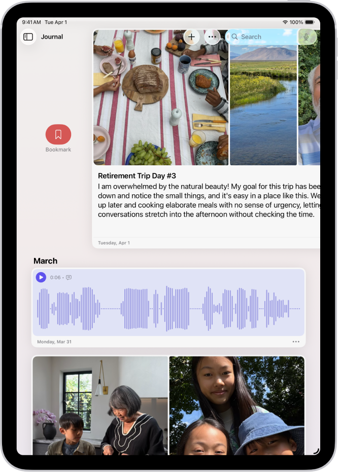 Ein Bildschirm in der App „Journal“ zeigt Journaleinträge. Auf einem Eintrag wird nach rechts gestrichen und die Taste „Lesezeichen“ wird angezeigt.
