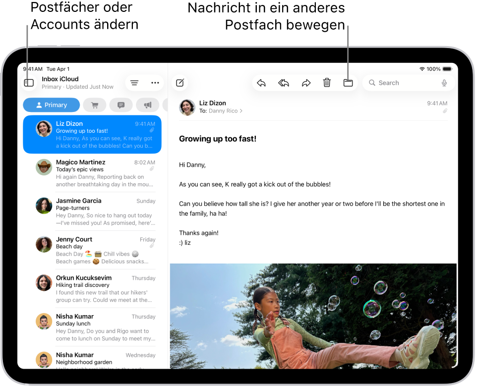 Der Posteingang der App „Mail“ mit einer E-Mail-Liste auf der linken Seite und einer geöffneten E-Mail auf der rechten Seite.