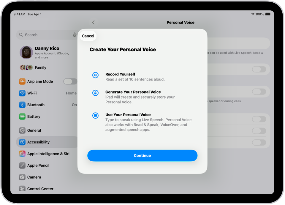 An iPad with information about how to create a Personal Voice.