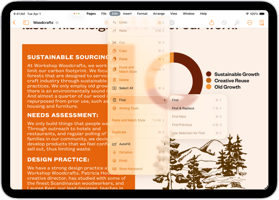 The Pages app open, with the menu bar showing at the top of the screen. The Edit menu on the menu bar is open, showing a list of actions you can perform—including Select All, Find, Duplicate, and so on.