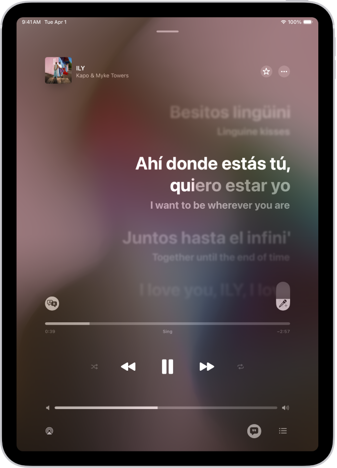The Now Playing screen showing the Apple Music Sing slider to the right of the lyrics and the Translation and Pronunciation button to the left. Translation is on, so you can see the Spanish to English translation. The currently playing lyrics are highlighted.