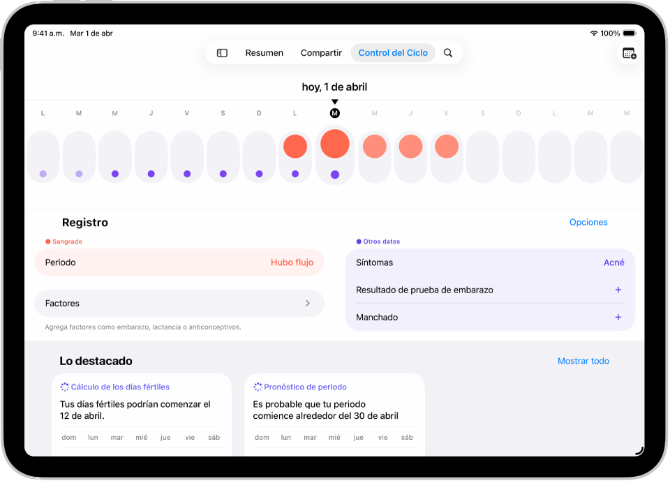 La pantalla Control del Ciclo mostrando una línea del tiempo de una semana en la parte superior. Los círculos rojos sólidos y los puntos morados marcan los primeros 5 días en la línea de tiempo. Debajo de la línea del tiempo hay opciones para agregar información sobre el periodo, los síntomas y más.