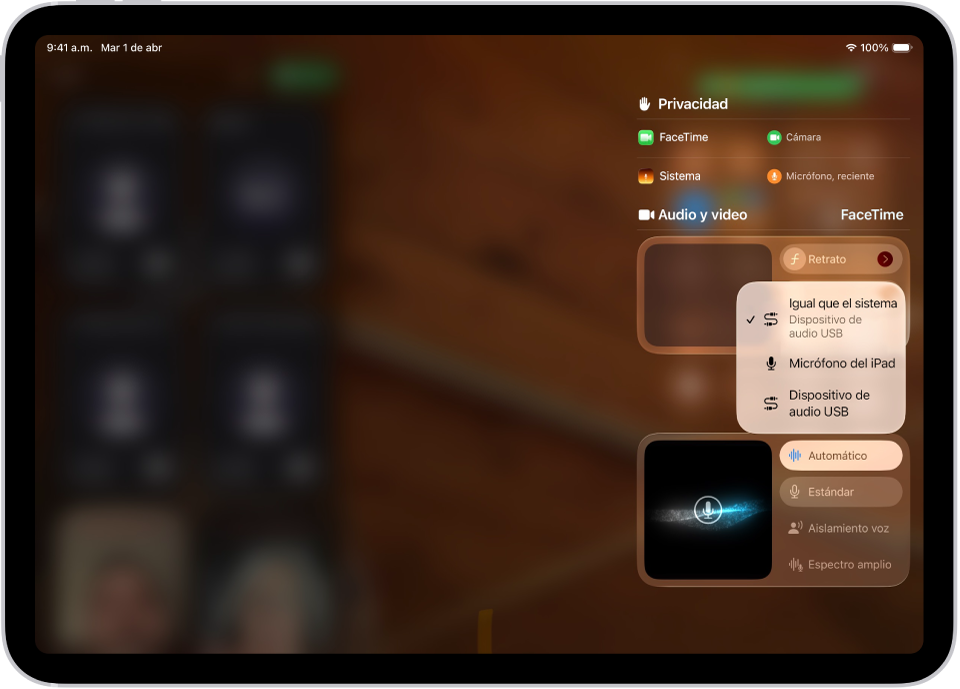Los controles para elegir una fuente de entrada de audio para una llamada de FaceTime.