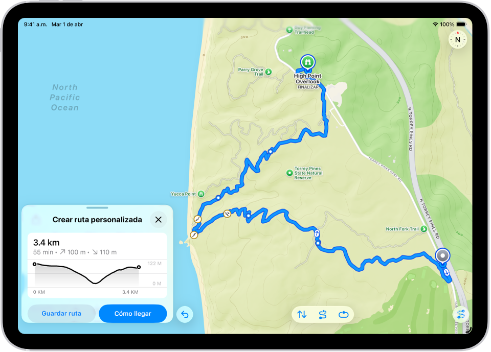 Una ruta personalizada en la app Mapas mostrando la distancia, perfil de altitud, tiempo estimado y opciones para guardar u obtener indicaciones para llegar al punto de partida de la ruta.