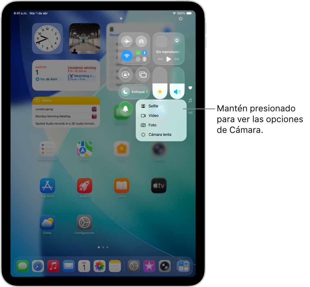 Pantalla que muestra las opciones adicionales de Cámara disponibles en el centro de control al mantener presionado el control de la cámara. Las opciones son Selfie, Video, Foto y Cámara lenta.
