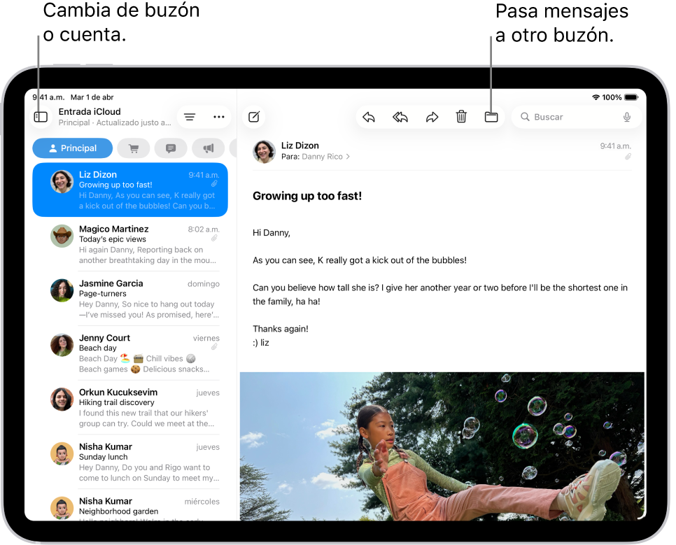 El buzón Entrada de Mail, con una lista de correos electrónicos a la izquierda y un correo electrónico abierto a la derecha.