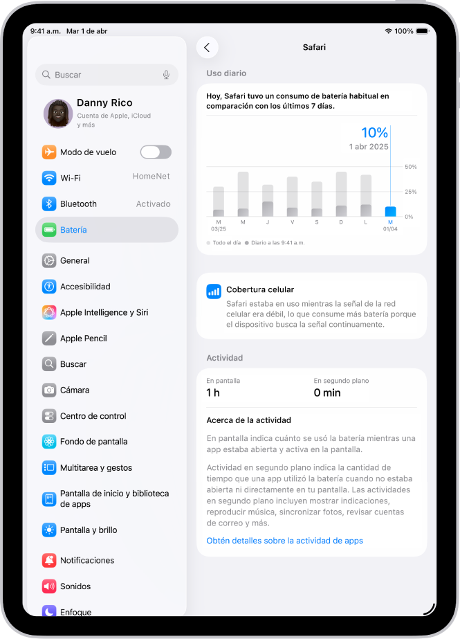 La pantalla Batería en Configuración en el iPad muestra el uso detallado de la batería de la app Safari. La pantalla incluye un gráfico del uso diario, una nota sobre cómo la cobertura celular ha afectado a la duración de la batería y un desglose del tiempo de actividad de las apps en pantalla y en segundo plano.