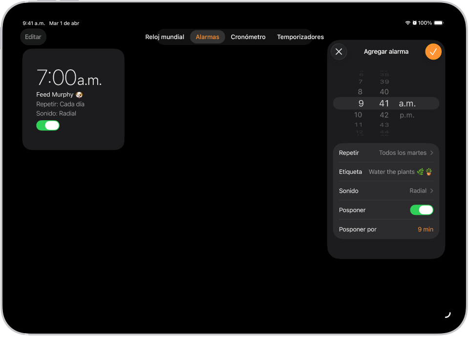 La pestaña Alarmas en la app Reloj con opciones para cambiar la hora de la alarma, elegir si se repite, agregar una etiqueta a la alarma, seleccionar un sonido de alarma, activar la opción de posponer y cambiar la duración de la posposición.