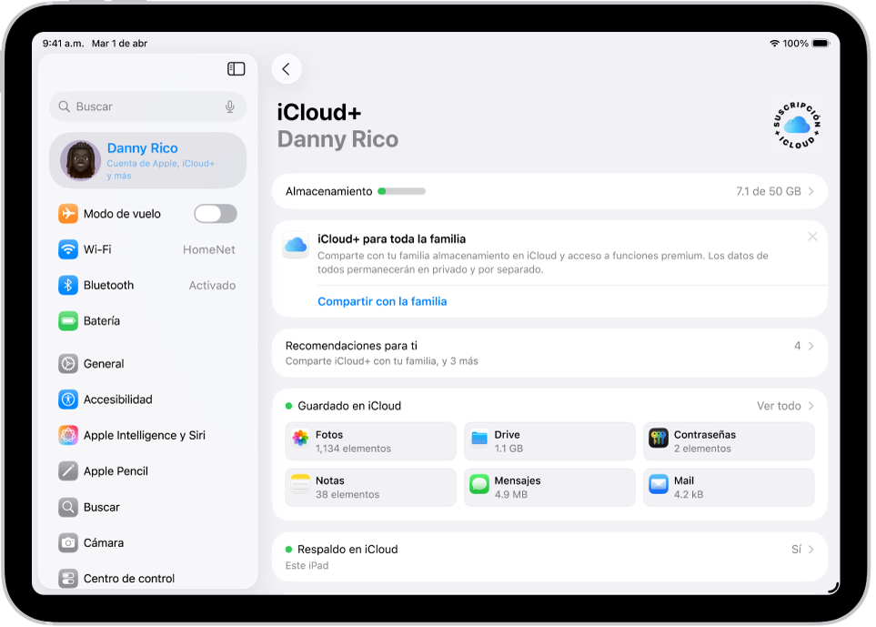 La pantalla de configuración de iCloud mostrando el indicador de almacenamiento de iCloud y una lista de funciones, como Fotos, iCloud Drive y Respaldo en iCloud, que se pueden usar con iCloud.