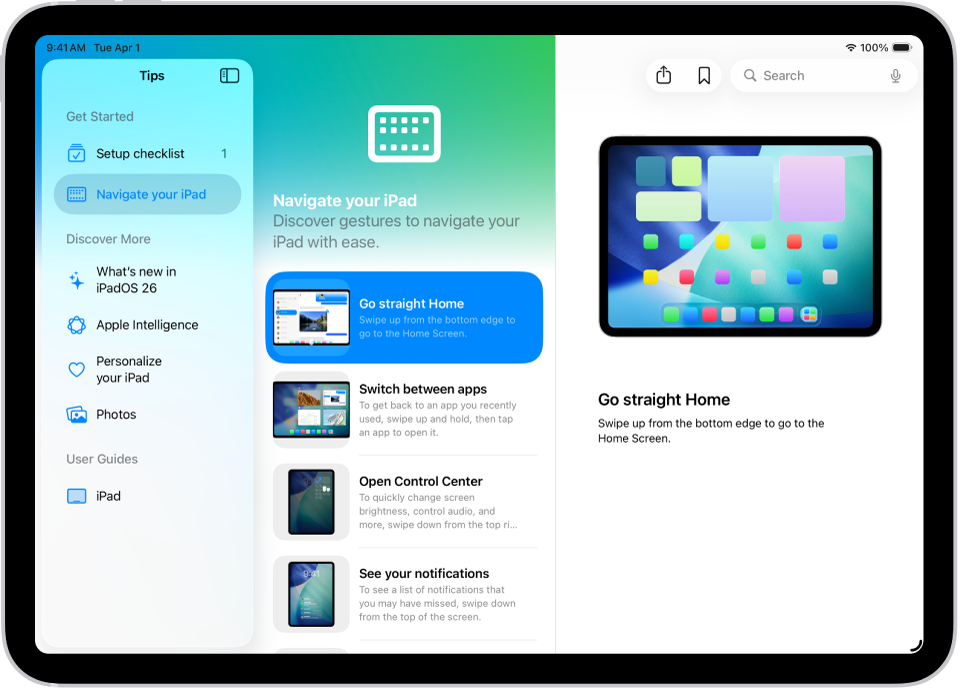 Pantalla en la que se muestra una colección de consejos en la barra lateral de la izquierda con un consejo seleccionado abierto a la derecha.