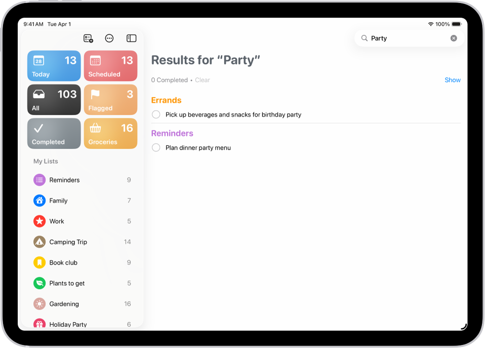 Resultados de búsqueda en la app Recordatorios que muestra tareas con la palabra “fiesta”.