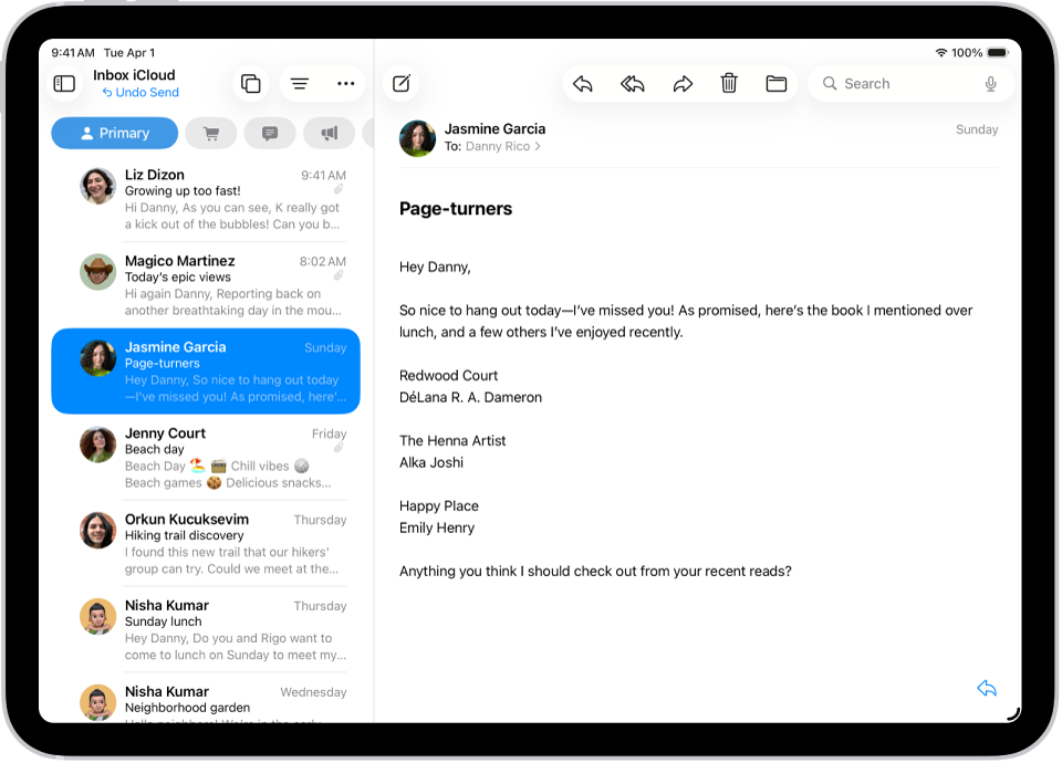 Rakenduse Mail Inbox, kus vasakul on e-kirjade loend ning paremal avatud e-kiri. Kirjade loendi lõpus on nupp Undo Send, mida saab kasutada hiljuti saadetud e-kirja tagasikutsumiseks.