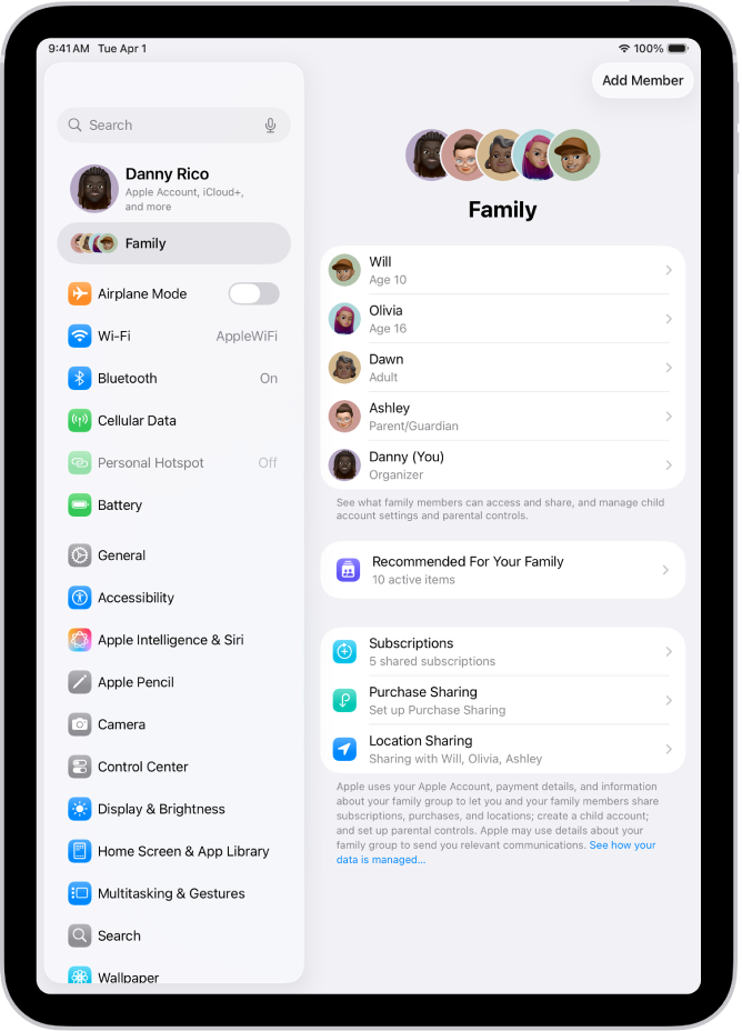 Kuva Family rakenduses Settings. Jagatud funktsioonide kohal kuvatakse kuni viit pereliiget.