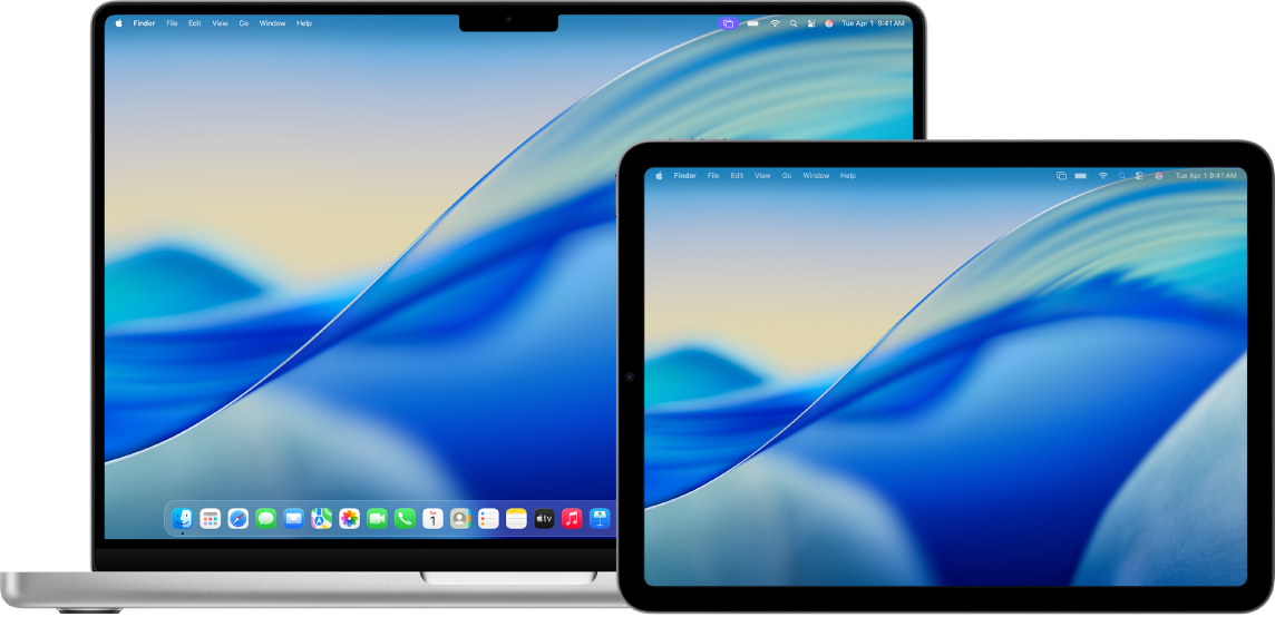 MacBook Air ja iPad vierekkäin. Molemmissa näytöissä näkyy Macin työpöytä. Macissa on violetti näytönpeilauskuvake valikkorivillä, ja iPadissa on valkoinen näytönpeilauskuvake valikkorivillä.
