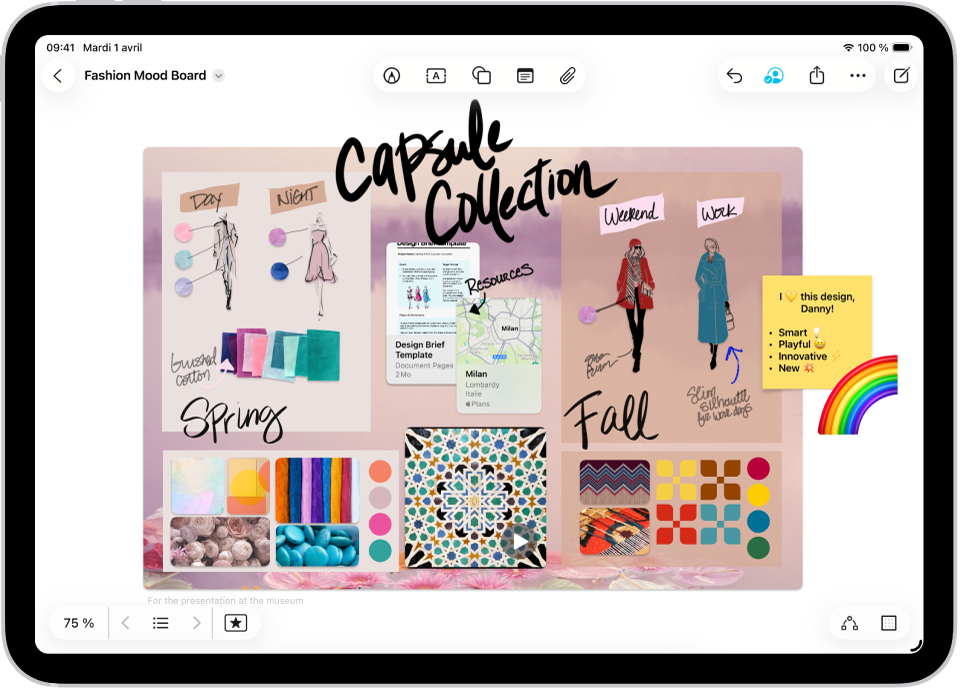 Un iPad avec l’app Freeform ouverte. Le tableau comprend du texte manuscrit, du texte, des dessins, des figures, des photos, des vidéos, des notes, des liens et d’autres fichiers.
