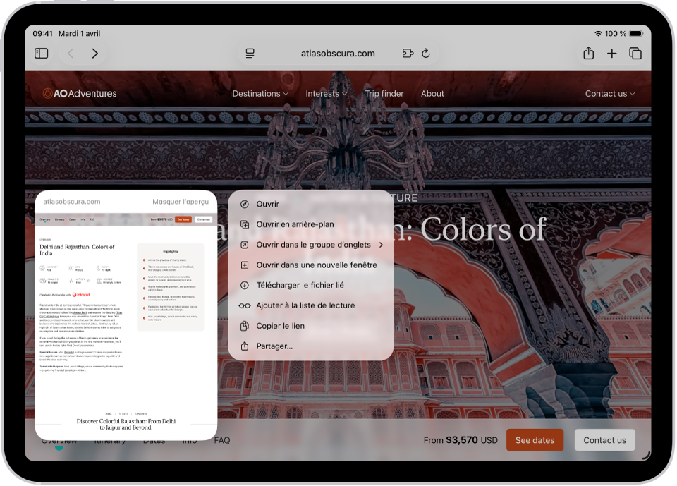 Aperçu d’un site web. À droite de l’aperçu se trouve un menu affichant les différentes options, notamment Ouvrir, « Ouvrir en arrière-plan », « Ouvrir dans une nouvelle fenêtre », et d’autres options.