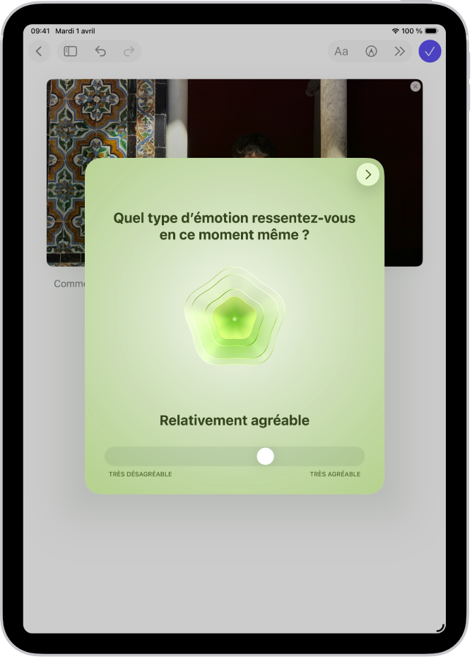 Un écran de l’app Journal comportant une vignette au sein de laquelle vous pouvez enregistrer votre état d’esprit.