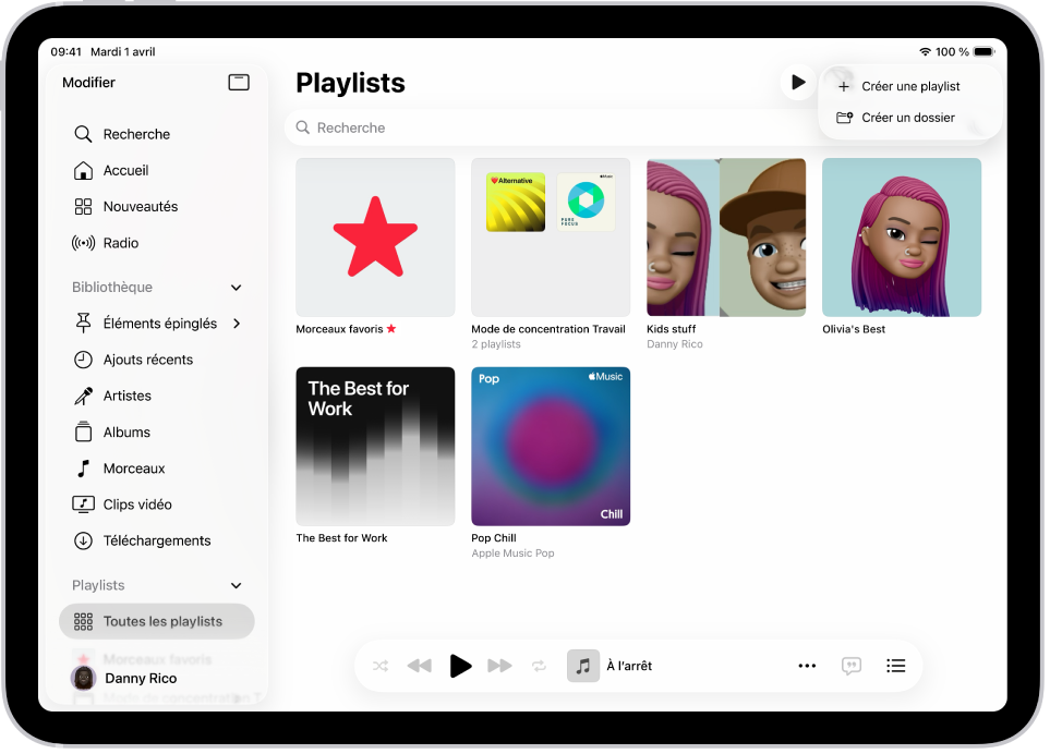 L’onglet Playlists avec la barre latérale sur la gauche et la liste des playlists sur la droite. En haut se trouvent des boutons permettant de créer une playlist ou de créer un dossier.