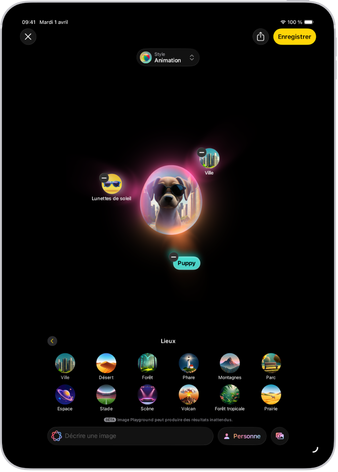 Fenêtre de l’app Image Playground affichant l’image créée d’un chien portant des lunettes.