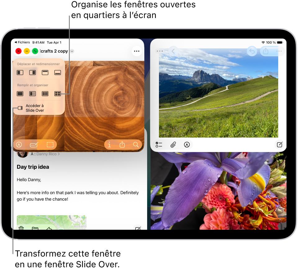 Un écran d’iPad avec quatre apps ouvertes et une disposition de fenêtre sélectionnée qui divise l’écran en quatre zones.