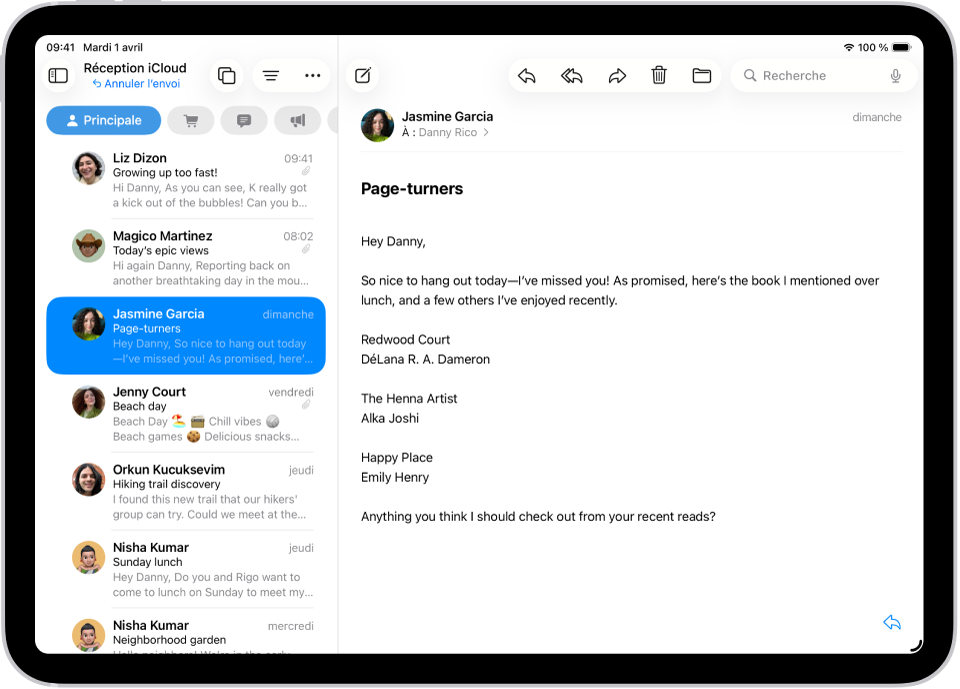 La boîte de réception de Mail avec la liste des messages sur la gauche et un message ouvert sur la droite. Le bouton « Annuler l’envoi » (permettant de retirer un message envoyé récemment) se trouve en bas de la liste des messages.