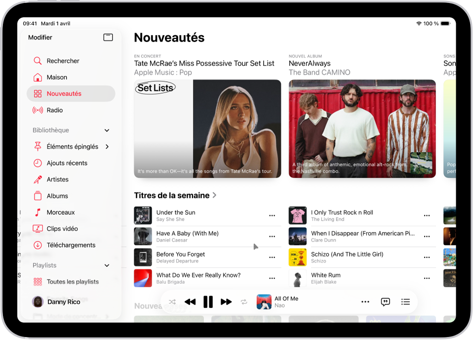 L’onglet Nouveautés avec la barre latérale sur la gauche et la section Nouveautés sur la droite. L’onglet Nouveautés présente des recommandations musicales en haut. Balayez vers la gauche pour afficher d’autres recommandations musicales et vidéos. La section « Derniers titres » s’affiche en dessous. Le mini-lecteur se trouve en bas.