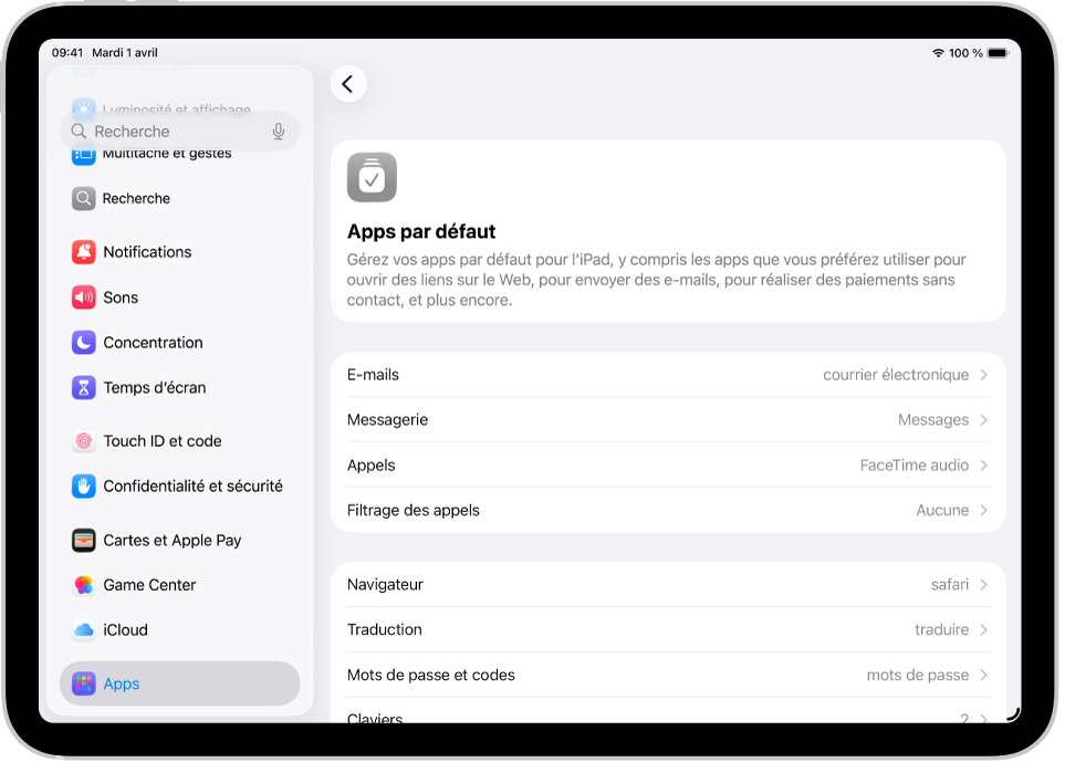 L’écran permettant de modifier vos apps par défaut pour envoyer des e-mails, surfer sur le Web et plus encore.