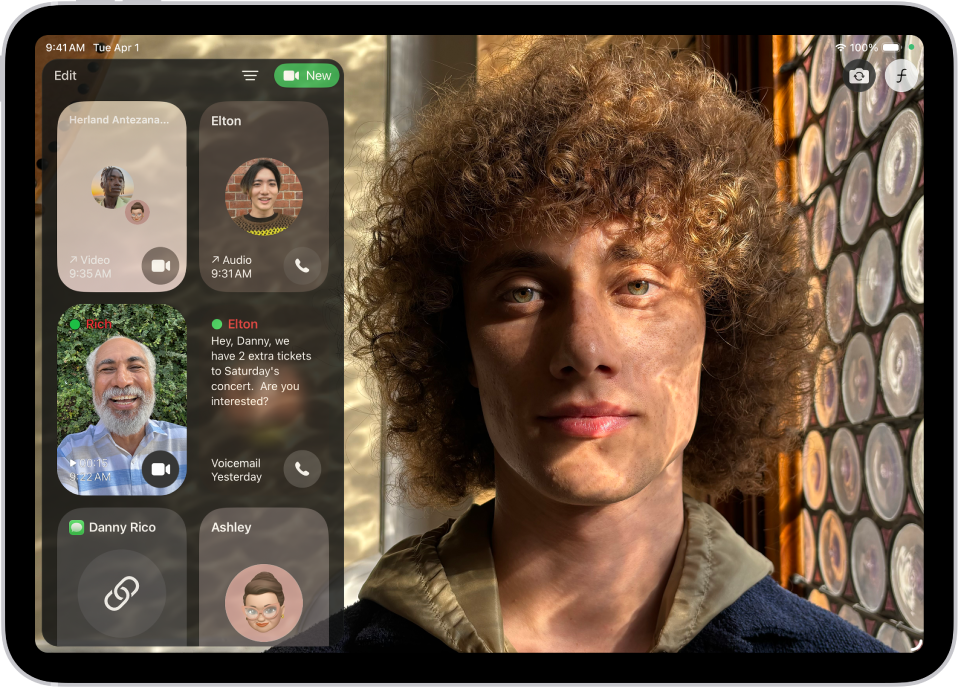 היסטורית השיחות ב-FaceTime, שכוללת שיחת FaceTime קבוצתית, שיחה קולית, הודעה בווידאו, הודעה קולית וקישור לשיחת FaceTime.