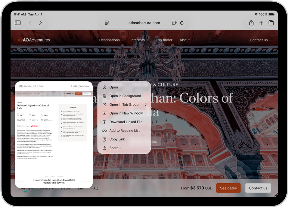 किसी वेबसाइट के लिए प्रीव्यू। प्रीव्यू के दाईं ओर विकल्प दिखाने वाला कोई मेनू मौजूद है, जिसमें खोलें, पृष्ठभूमि में खोलें, नई विंडो में खोलें आदि शामिल हैं।