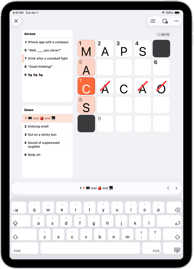 आंशिक रूप से भरी गई छोटी पहेली, जिसमें एक कोने पर सुराग़ हैं।
