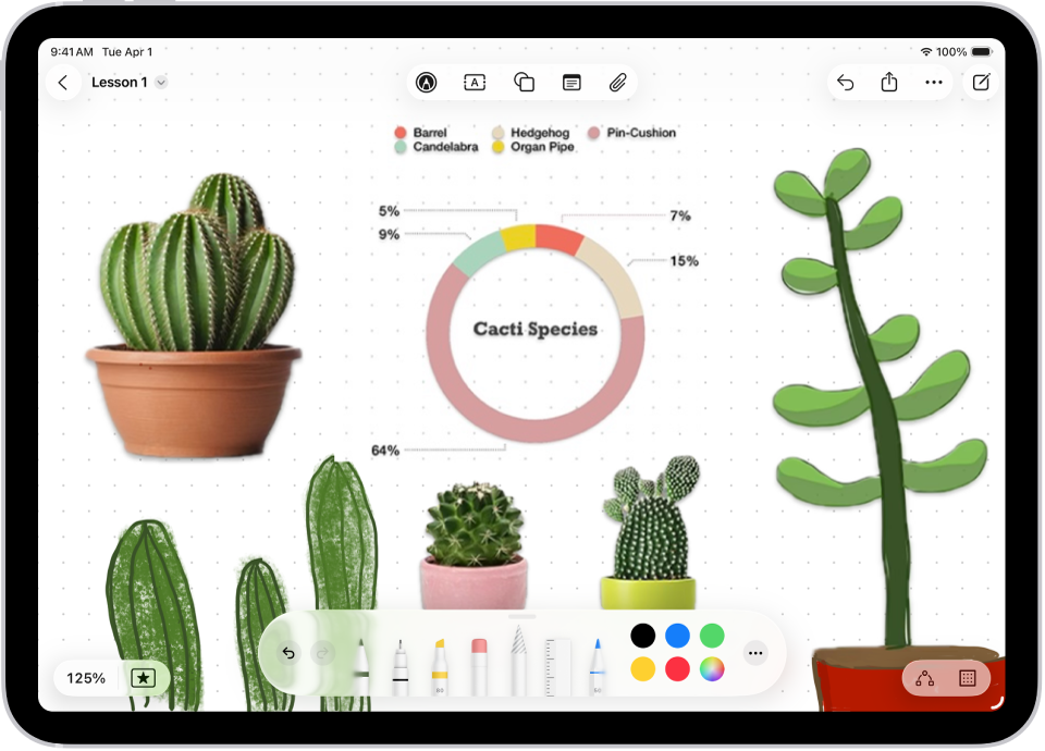Freeform-tábla növényekről készült rajzokkal, illetve a képernyő alján a rajzeszközökkel.