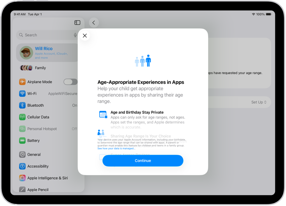 Layar penyiapan untuk Pengalaman Sesuai Umur di fitur App.