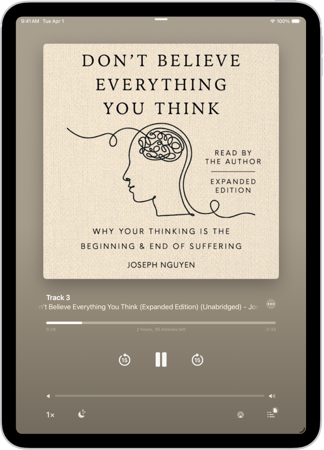 Layar pemutar buku audio menampilkan, dari atas ke bawah, sampul buku audio, nama bagian yang diputar, playhead, tombol jeda, dan tombol lewati maju serta mundur. Di bagian bawah terdapat penggeser volume dan di bawahnya terdapat tombol untuk mengontrol kecepatan pemutaran, mengatur timer tidur, memilih tujuan pemutaran, dan melihat daftar track buku.