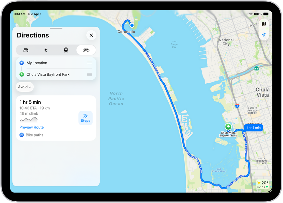 Peta menampilkan beberapa rute bersepeda, masing-masing dicantumkan dengan tombol Langkah.