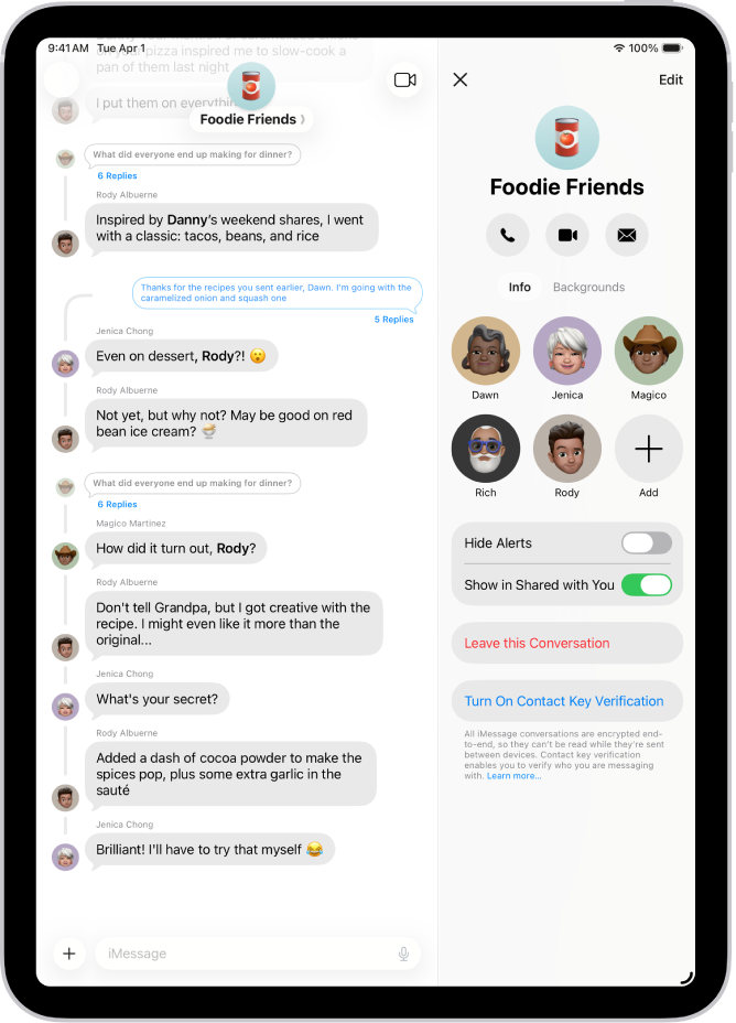 Percakapan grup di Pesan di sebelah kiri dengan detail percakapan untuk grup yang terbuka di sebelah kanan.