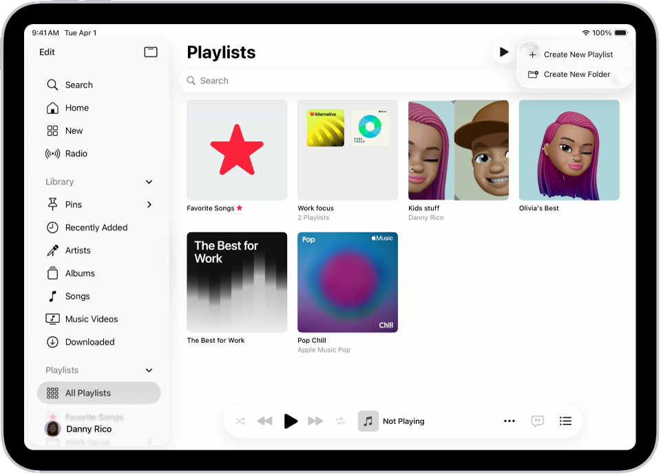 Tab Daftar Putar yang menampilkan bar di sebelah kiri dan daftar putar di sebelah kanan. Di bagian atas terdapat tombol untuk membuat daftar putar baru atau membuat folder baru.