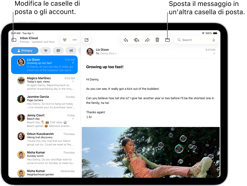 La casella Entrata di Mail con un elenco di email sulla sinistra e un’email aperta sulla destra.