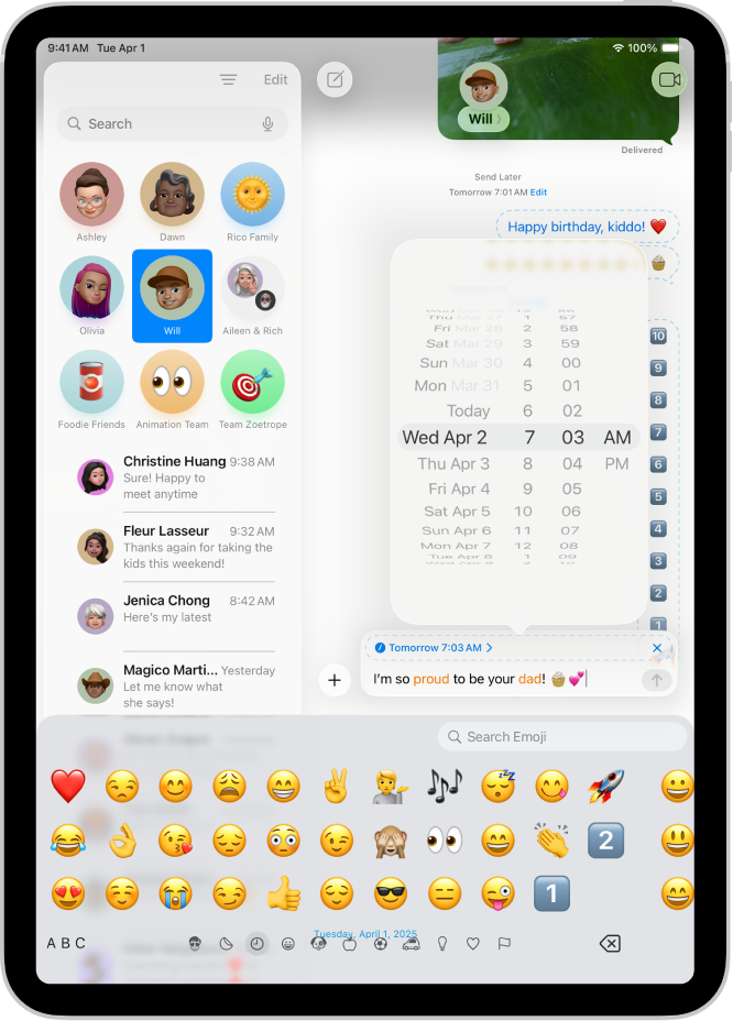 Una conversazione di Messaggi con un messaggio programmato che viene scritto all’interno del campo di testo.