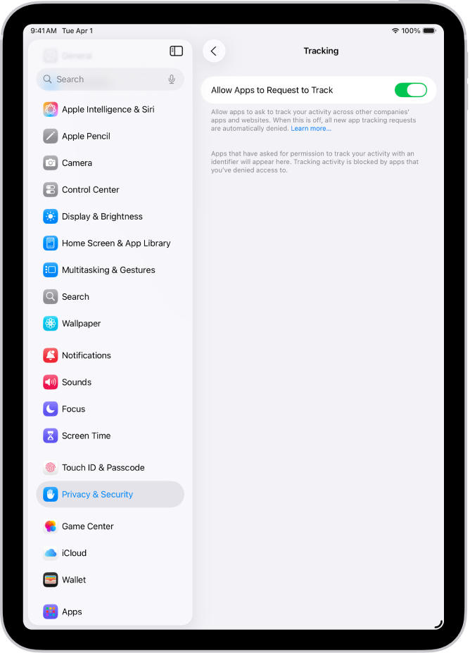 La schermata Tracciamento, con un’impostazione per controllare se le app possono chiederti di tracciare le attività che svolgi su siti web o app di terze parti.