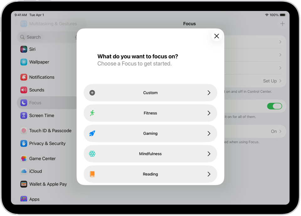 La schermata di configurazione per le full immersion aggiuntive disponibili, tra cui Personalizzata, Fitness, Videogiochi, Mindfulness e Lettura.