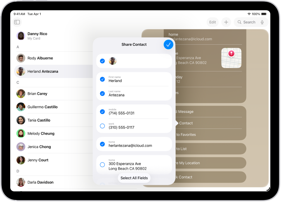La finestra “Condividi contatto” nell’app Contatti.