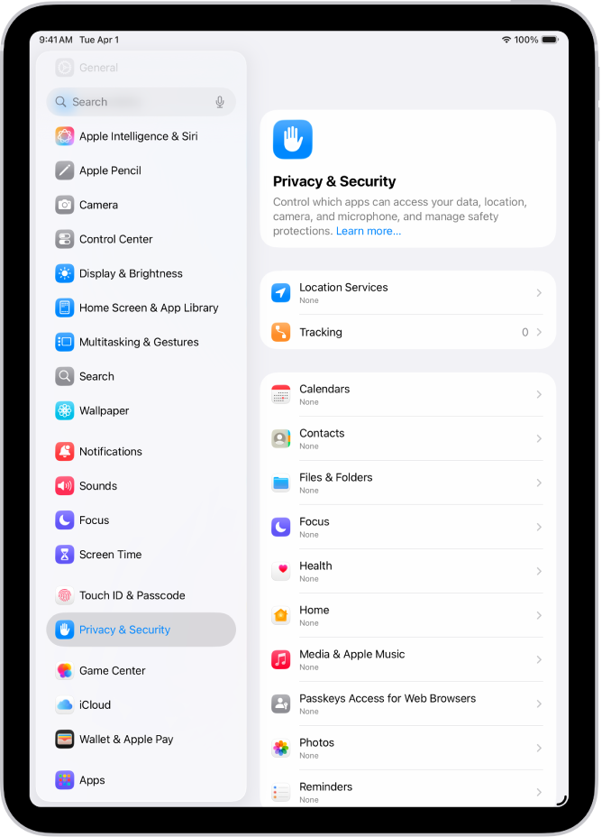 La schermata “Privacy e sicurezza” con le impostazioni per Localizzazione e Tracciamento, oltre alle opzioni per controllare le app che hanno accesso ai tuoi dati.