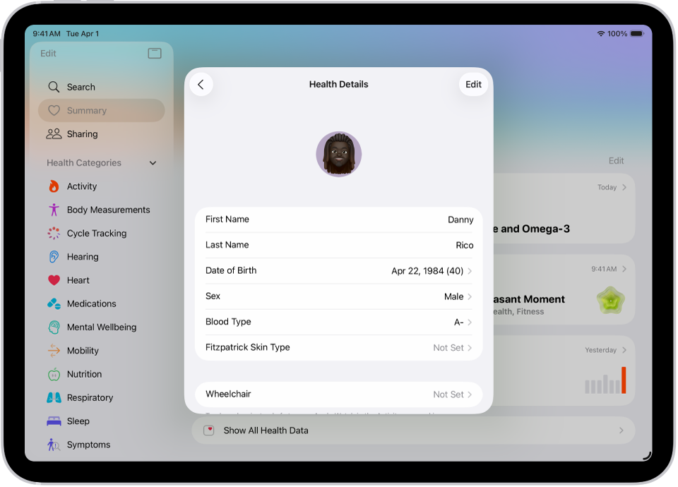 La schermata “Dettagli Salute” che comprende i campi Nome, “Data di nascita”, “Gruppo sanguigno” e altre informazioni.