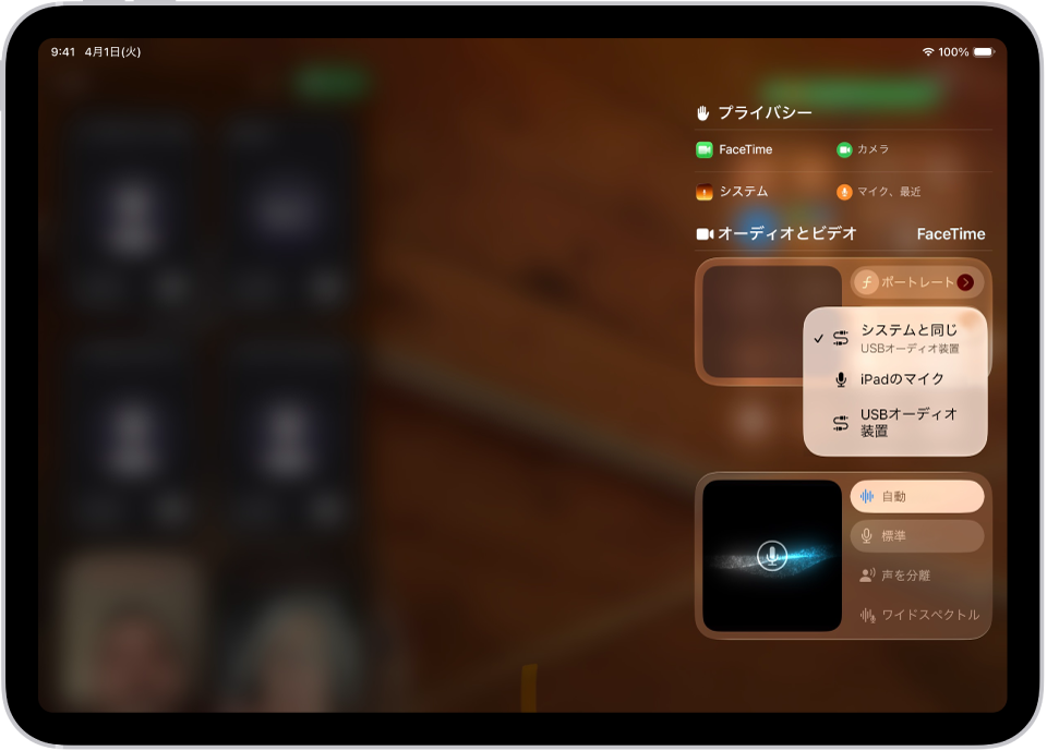 FaceTime通話のオーディオ入力ソースを選択するコントロール。